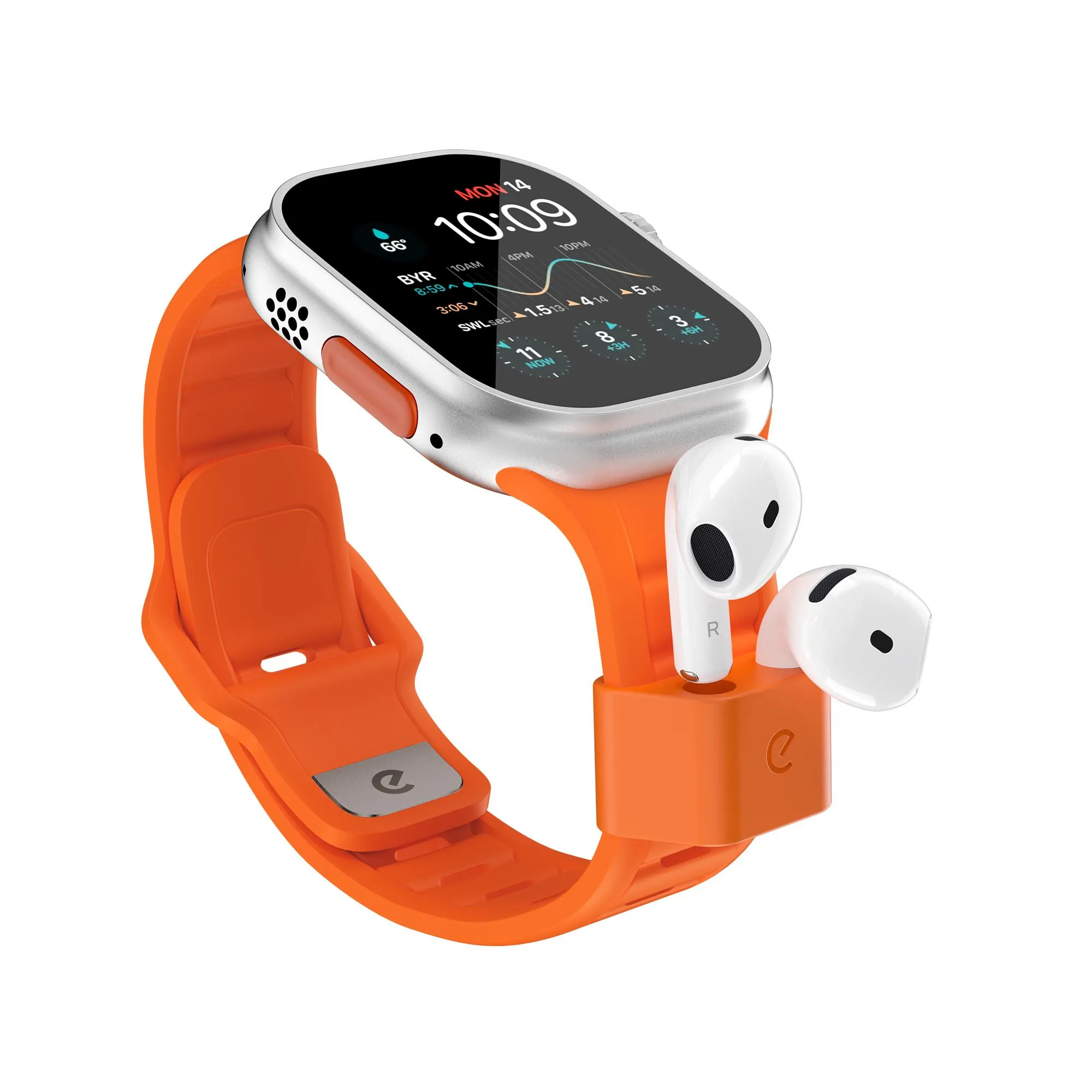 KeyBudz Sync+ Series FKM-urrem og AirPod-dock til 44-49 mm Apple Watch - Elektrisk orange