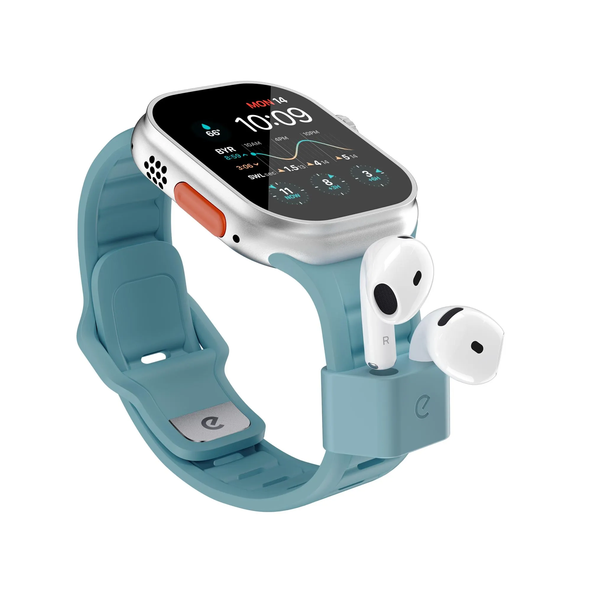 KeyBudz Sync+ Series FKM-urrem og AirPod-dock til 44-49 mm Apple Watch - Tidal Blue