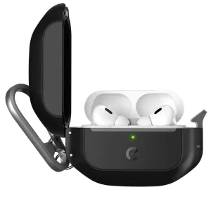 KeyBudz Element Series AirPods Pro 2-etui i sort, åbent med øretelefoner indeni og karabinhage
