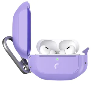 KeyBudz Element Series beskyttelsesetui til AirPods Pro 2 i vill lavendel med karabinkrok og ørepropper inni