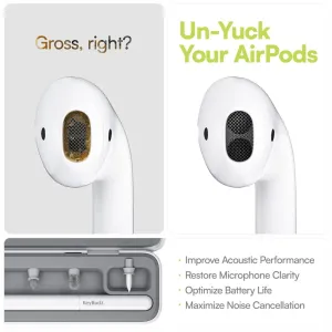 KeyBudz AirCare 2.0 cleaning kit infographic showing AirPods mesh before and after cleaning with tools