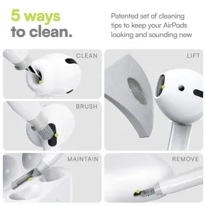 KeyBudz AirCare 2.0 AirPods cleaning kit infographic showing brush, lift, maintain and debris removal tips.