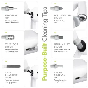KeyBudz AirCare 2.0 cleaning kit infographic with six purpose-built tips for AirPods and charging ports