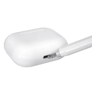 KeyBudz AirCare 2.0 AirPods cleaning kit brush cleaning a white wireless earbud charging case