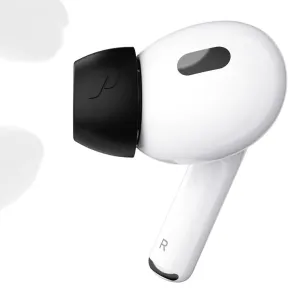 KeyBudz HyperFoam-øreprop af memoryskum på en AirPods Pro-øretelefon, vist i sort for bedre støjisolering