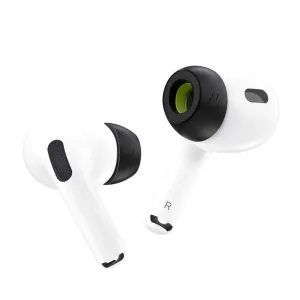KeyBudz HyperFoam-ørepropper i memoryskum monteret på AirPods Pro-øretelefoner, vist på en sort baggrund.