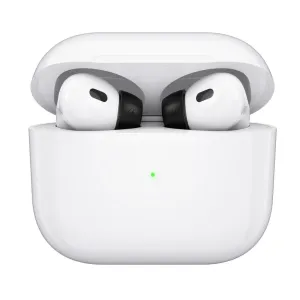 KeyBudz hyperFoam-ørepropper i memoryskum til AirPods Pro vist monteret på øretelefoner i et hvidt opladningsetui