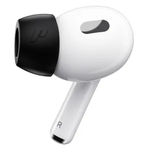 KeyBudz AirPods Pro-øreprop i memoryskum på en hvid øretelefon, mat sort til en sikker og behagelig pasform