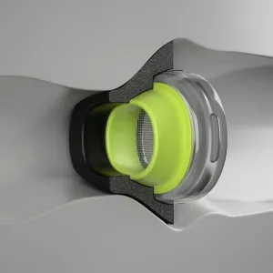 KeyBudz HyperFoam-øreprop af memoryskum til AirPods Pro i neongul, nærbillede af pasform på øretelefonens dyse