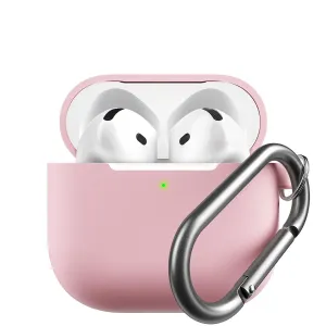 KeyBudz blush pink AirPods 4th generation keychain case with open lid, earbuds inside and metal carabiner