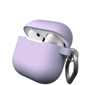 KeyBudz Elevate Series lavendelfarbene Hülle für AirPods der 4. Generation mit geöffnetem Deckel, sichtbaren Ohrhörern und Schlüsselanhänger-Clip