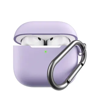 KeyBudz Elevate Series Lavendel-Schlüsselanhänger-Case für AirPods 4. Generation mit geöffnetem Deckel, sichtbaren Ohrhörern und Karabinerclip
