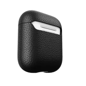 KeyBudz svart läderfodral för AirPods 3 med narvad yta, med ett vitt AirPods-laddningsetui inuti.
