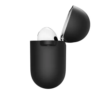 Juodas KeyBudz AirPods 3 dėklas-raktų pakabukas su atidarytu dangteliu, viduje matoma balta ausinė