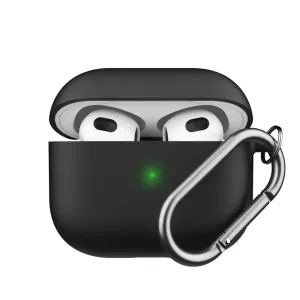 KeyBudz AirPods 3 dėklas su atviru juodu hibridiniu apvalkalu, viduje esančiomis ausinėmis ir sidabriniu karabino segtuku.