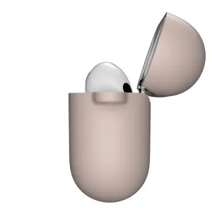 KeyBudz AirPods 3-nyckelringsfodral med öppet lock och synlig vit öronsnäcka, i beige taupe.