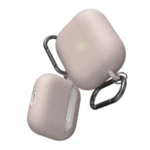 KeyBudz HybridShell AirPods 3-nyckelringsfodral med karbinhakar, visat i beige mot en vit bakgrund.