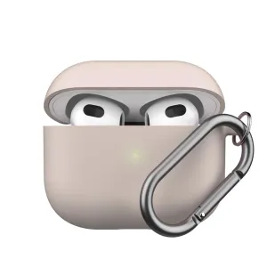KeyBudz PodSkinz HybridShell beige AirPods 3-fodral med öppet lock, synliga hörlurar och karbinhake