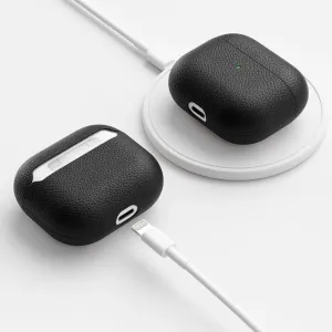 KeyBudz melns ādas maciņš AirPods 3 austiņām ar atvērtu un aizvērtu skatu bezvadu uzlādei