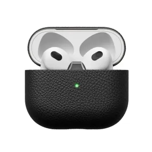 KeyBudz PodSkinz melns ādas AirPods 3 maciņš, atvērts, ar austiņām iekšpusē, bezvadu uzlādei