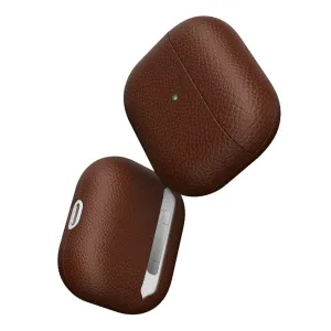 KeyBudz PodSkinz Artisan Series brunt lærdeksel til AirPods 3-etui vist åpent og lukket