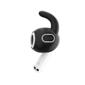 KeyBudz earBuddyz öronkrok för AirPods 3 i svart, visad på en enskild trådlös öronsnäcka med säker passform.
