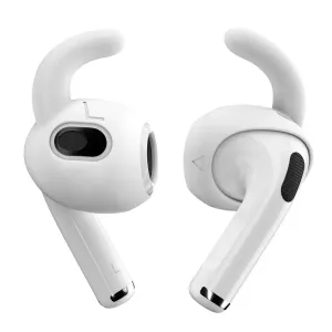 KeyBudz earBuddyz öronkrokar för AirPods 3 i vitt, visas monterade på hörlurarna för en säker och bekväm passform