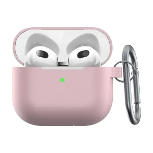 KeyBudz PodSkinz Elevate Series rozā silikona aizsargvāciņš AirPods 3 ar ievietotām austiņām un karabīnes klipsi