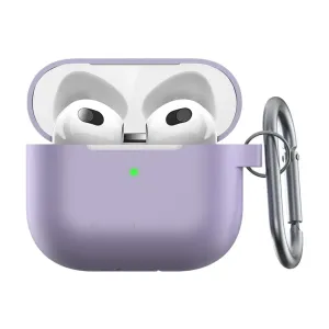 KeyBudz podSkinz Elevate Series silicone cover for AirPods 3 in lavender, with carabiner and earbuds inside