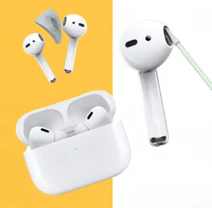 KeyBudz AirCare rengöringskit för AirPods, med öronsnäckor, laddningsfodral och rengöringsverktyg.