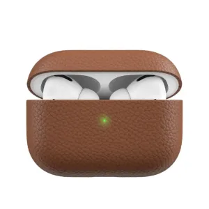 KeyBudz PodSkinz-läderfodral för AirPods Pro, brun finish med kornigt lädermönster, öppet lock och synliga hörlurar