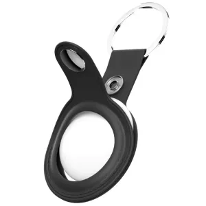 KeyBudz svart AirTag-nyckelringshållare i läder med tryckknappslås och nyckelring i metall