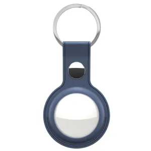 KeyBudz leather AirTag keychain holder in cobalt blue with snap closure and key ring, showing an inserted AirTag