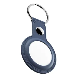 KeyBudz blue leather AirTag keychain holder with silver ring and stitched edges on a white background