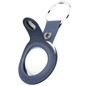 KeyBudz cobalt blue leather AirTag keychain holder with snap closure and silver key ring