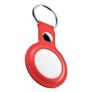 KeyBudz röd AirTag-nyckelringshållare i läder med silverfärgad ring och synlig spårare, för nycklar eller väskor