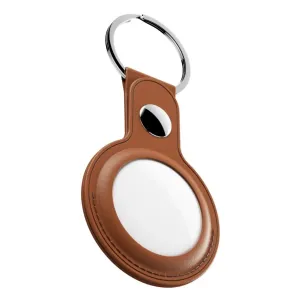 KeyBudz tan leather AirTag keychain holder with snap-lock design and silver metal key ring