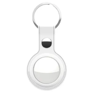 KeyBudz white leather AirTag keychain holder with metal key ring and snap-lock closure, shown in a 2-pack style