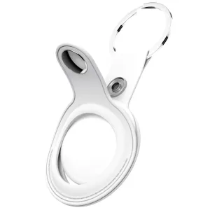 KeyBudz white leather AirTag key ring holder with snap lock and silver metal key ring, shown on white