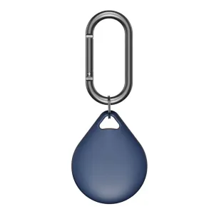 KeyBudz Secure Dock AirTag-hållare med karbinhake, visas i mörkblått mot en vit bakgrund.