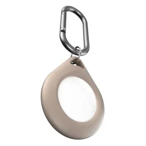 KeyBudz Secure Dock för AirTag i beige, med nyckelring och svart karbinhake för nycklar eller väskor