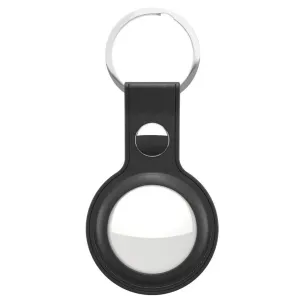 KeyBudz svart AirTag-nyckelringshållare i läder med silverfärgad metallring för nycklar eller väskor