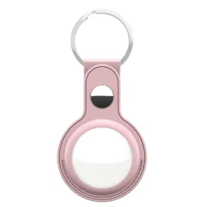 KeyBudz rosa AirTag-nyckelringshållare i läder med silverfärgad metallring, visad mot vit bakgrund