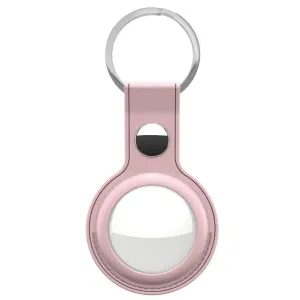KeyBudz rosa AirTag-nyckelringshållare i läder med silverfärgad ring och tryckknappsstängning för nycklar