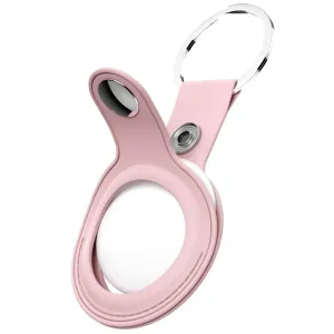 KeyBudz rosa AirTag-nyckelringshållare i läder med metallring och sydd oval utskärning