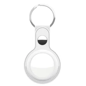 KeyBudz valkoinen nahkainen AirTag-avaimenperäpidike nepparilukituksella ja metallirenkaalla, kuvattuna valkoisella taustalla.