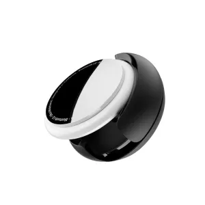 KeyBudz EZ Mount for AirTag in black, showing a white AirTag secured in the reusable adhesive holder