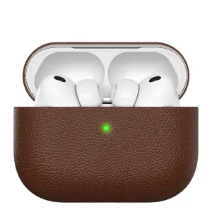 KeyBudz-nahkakotelo AirPods Pro 3:lle luonnonruskeana, avoinna, kuulokkeet sisällä ja teksturoidulla viimeistelyllä