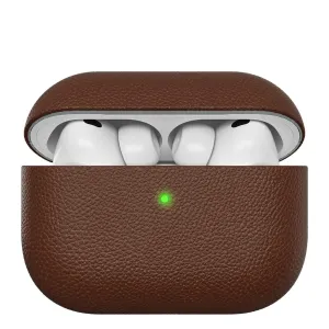 KeyBudz Artisan Series -nahkakotelo AirPods Pro 3:lle, avoin ruskea martioitu suojus, jonka sisällä on valkoiset nappikuulokkeet