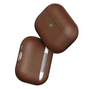 KeyBudz Artisan Series -sarjan ruskea nahkakotelo AirPods Pro 3:lle, kuvattuna avoinna ja suljettuna valkoisella taustalla.